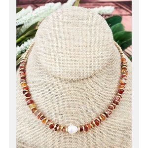 NEW Lulu Pearl and Rust Red Carnelian Chip Necklace